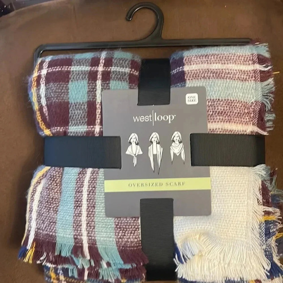 West Loop oversized scarf Burgundy Blue white yellow Lines NWT - Picture 1 of 3